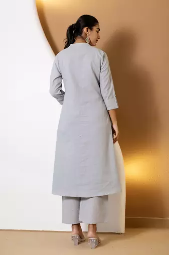 Women grey plain katha kurta set