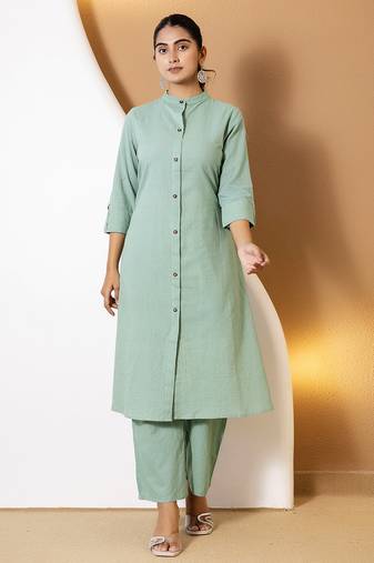 Women green plain katha kurta set