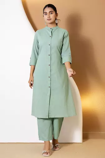 Women green plain katha kurta set