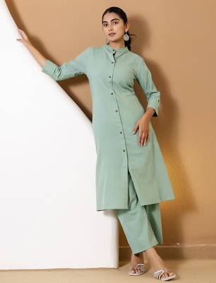 Women green plain katha kurta set 2