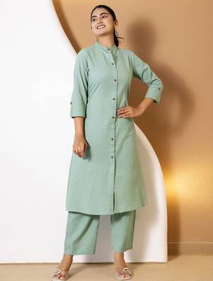 Women green plain katha kurta set 3
