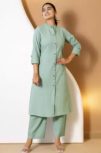 Women green plain katha kurta set
