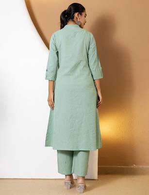 Women green plain katha kurta set 4