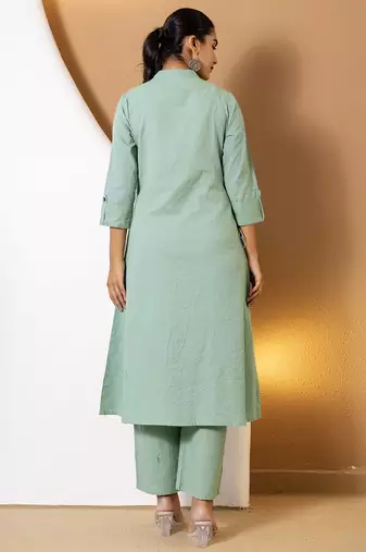 Women green plain katha kurta set