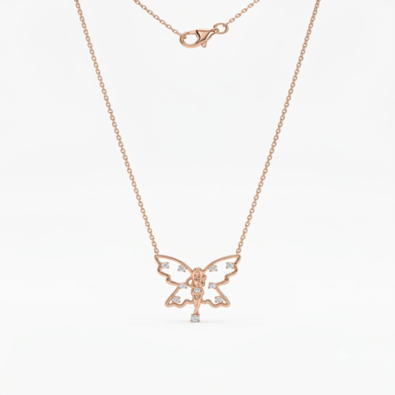 925 Sterling Silver Rose Gold Plated Fairy Butterfly Necklace with Cubic Zirconia Accents