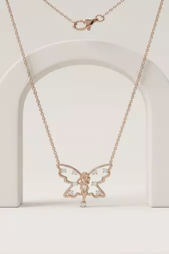 925 Sterling Silver Rose Gold Plated Fairy Butterfly Pendant Necklace Set  with Cubic Zircon Accents