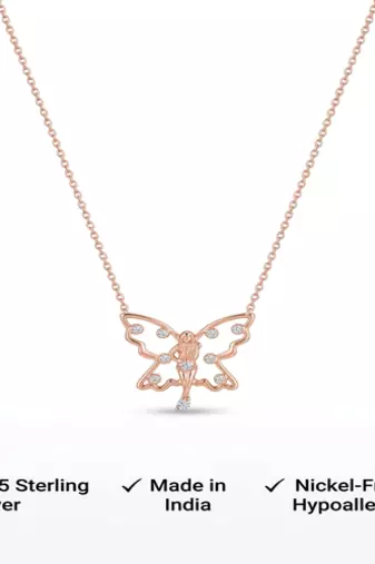 925 Sterling Silver Rose Gold Plated Fairy Butterfly Pendant Necklace Set  with Cubic Zircon Accents