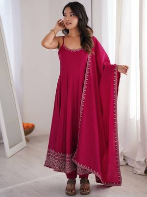 Graceful rani pink Silk blend anarkali gown with embroidered border and matching dupatta 1