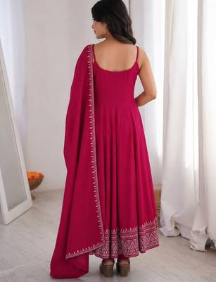 Graceful rani pink Silk blend anarkali gown with embroidered border and matching dupatta 2