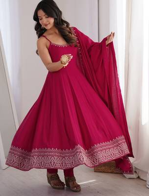Graceful rani pink Silk blend anarkali gown with embroidered border and matching dupatta 3