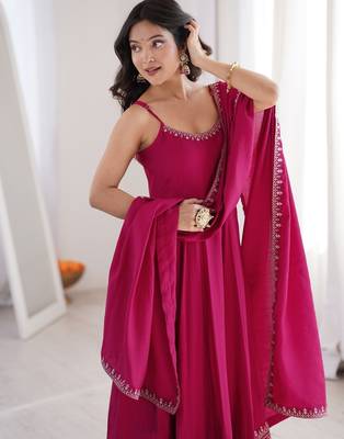 Graceful rani pink Silk blend anarkali gown with embroidered border and matching dupatta 4