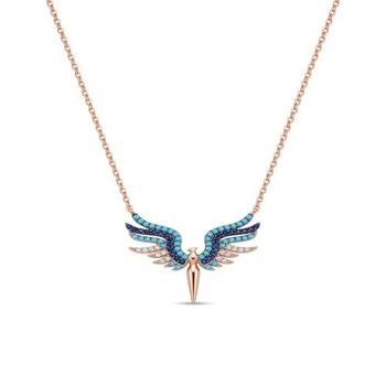 925 Sterling Silver Rose Gold Plated Angel Wings Necklace Pendant Set with Blue Cubic Zircon 1