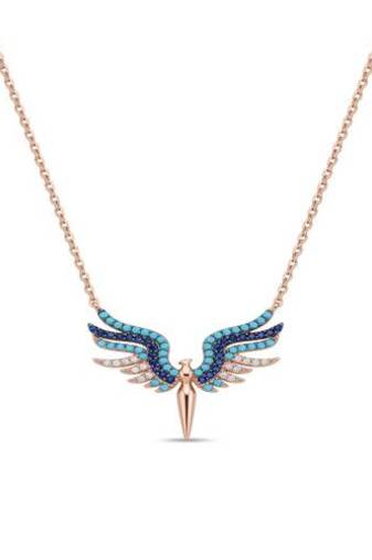 925 Sterling Silver Rose Gold Plated Angel Wings Necklace with Blue Cubic Zirconia  