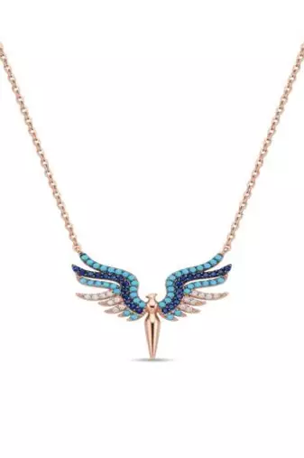 925 Sterling Silver Rose Gold Plated Angel Wings Necklace Pendant Set with Blue Cubic Zircon