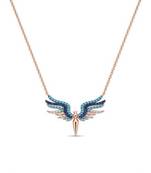 925 Sterling Silver Rose Gold Plated Angel Wings Necklace with Blue Cubic Zirconia  