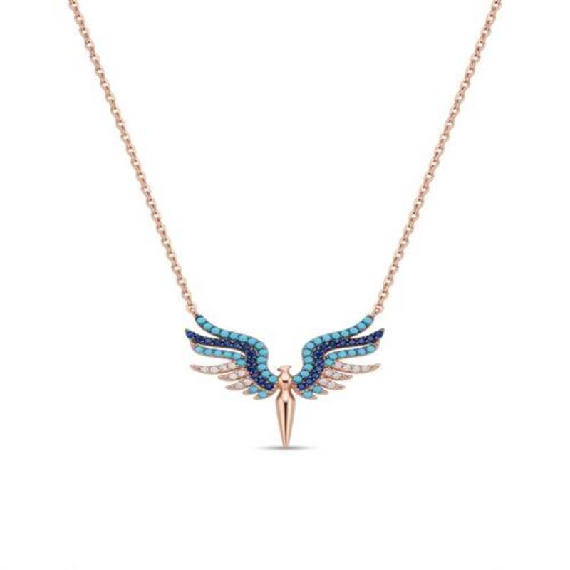 925 Sterling Silver Rose Gold Plated Angel Wings Necklace with Blue Cubic Zirconia  