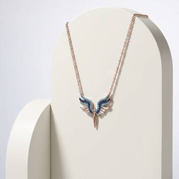 925 Sterling Silver Rose Gold Plated Angel Wings Necklace Pendant Set with Blue Cubic Zircon 2