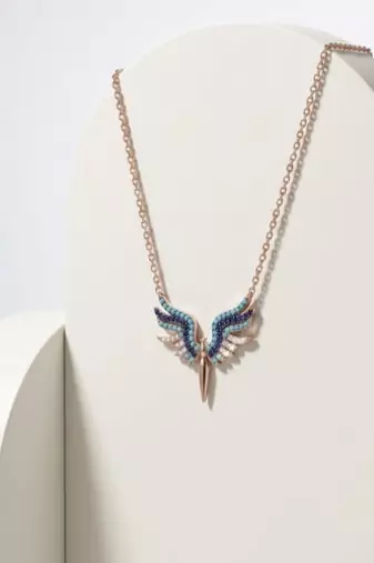 925 Sterling Silver Rose Gold Plated Angel Wings Necklace Pendant Set with Blue Cubic Zircon