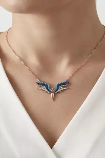 925 Sterling Silver Rose Gold Plated Angel Wings Necklace Pendant Set with Blue Cubic Zircon