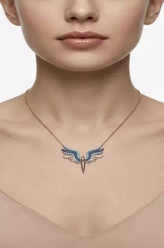 925 Sterling Silver Rose Gold Plated Angel Wings Necklace Pendant Set with Blue Cubic Zircon