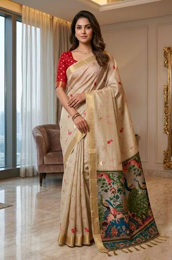 Cream ready to wear kalamkari silk saree