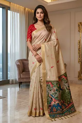 Cream ready to wear kalamkari silk saree