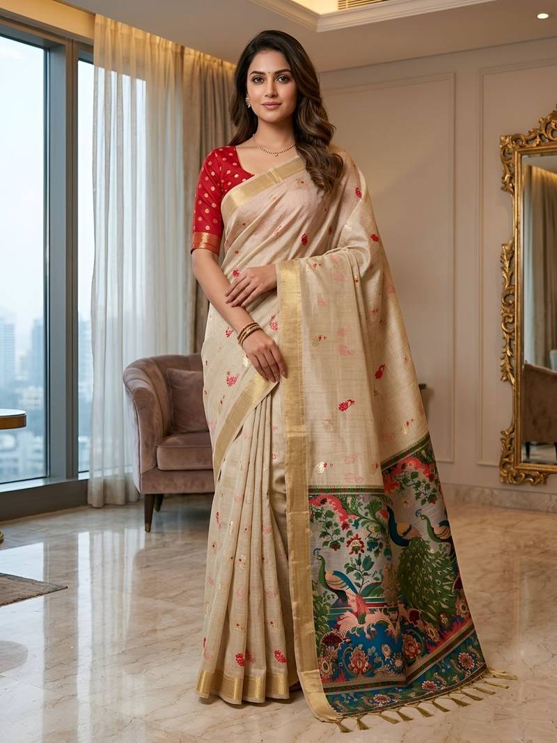 Cream ready to wear kalamkari silk saree