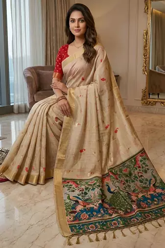 Cream ready to wear kalamkari silk saree