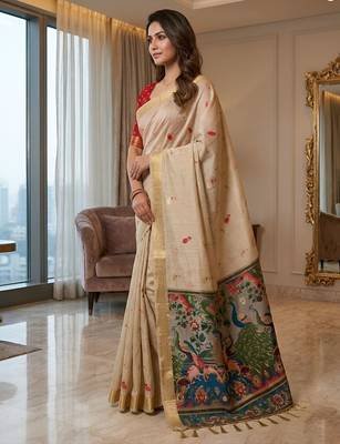 Cream ready to wear kalamkari silk saree 3