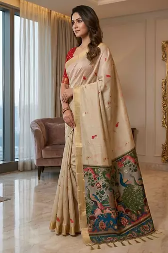 Cream ready to wear kalamkari silk saree