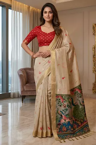 Cream ready to wear kalamkari silk saree