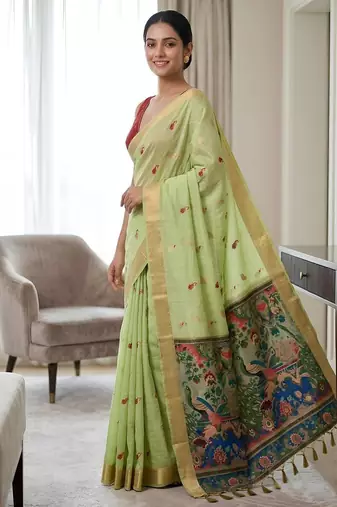 Pastel green readymade kalamkari silk saree