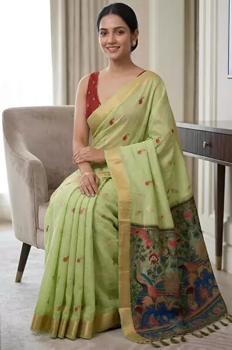 Pastel green readymade kalamkari silk saree