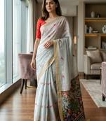Silver grey pre stitched kalamkari silk saree