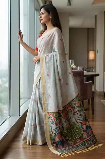 Silver grey pre stitched kalamkari silk saree