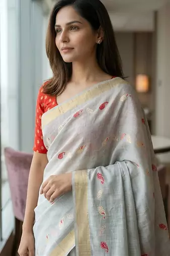 Silver grey pre stitched kalamkari silk saree