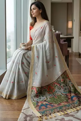 Silver grey pre stitched kalamkari silk saree