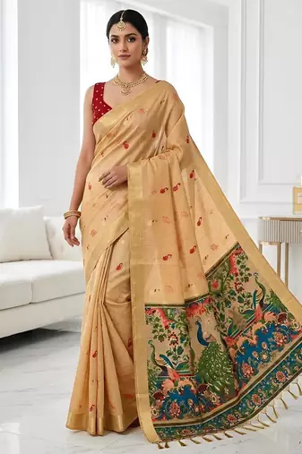 Golden beige ready made kalamkari silk saree