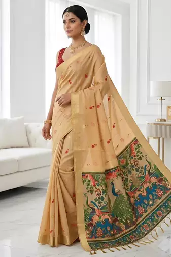 Golden beige ready made kalamkari silk saree