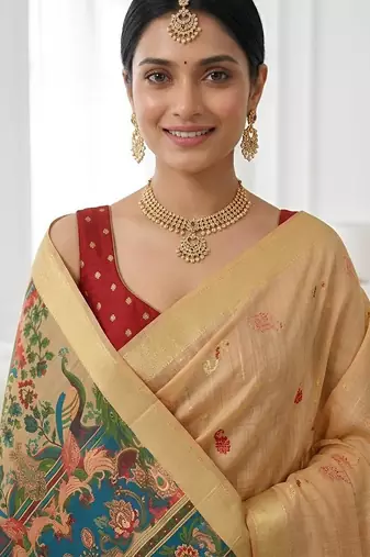 Golden beige ready made kalamkari silk saree