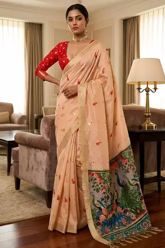 Peach pre pleated kalamkari silk saree
