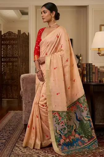 Peach pre pleated kalamkari silk saree