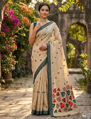 Beige easy drape leaf motif cotton linen  saree 1