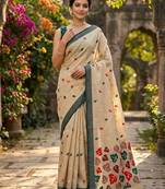Beige easy drape leaf motif cotton linen  saree
