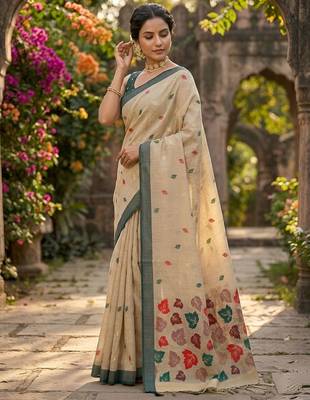 Beige easy drape leaf motif cotton linen  saree 2