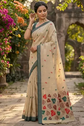 Beige easy drape leaf motif cotton linen  saree