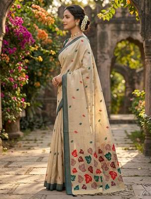 Beige easy drape leaf motif cotton linen  saree 3