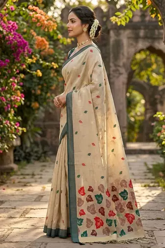 Beige easy drape leaf motif cotton linen  saree