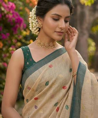 Beige easy drape leaf motif cotton linen  saree 4