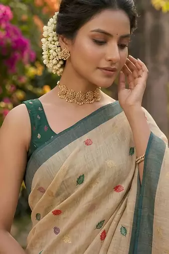 Beige easy drape leaf motif cotton linen  saree